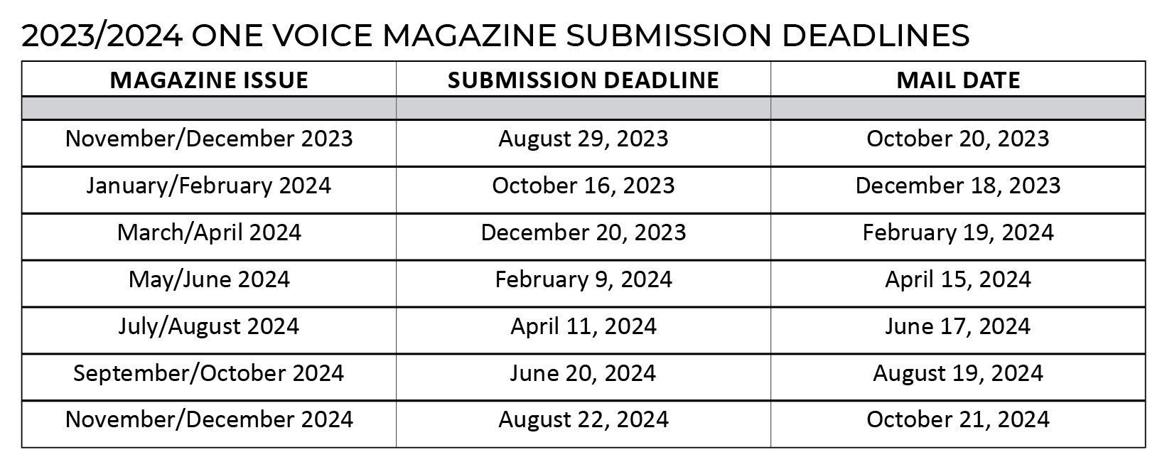 2023/2024 One Voice Magazine Submission Deadline