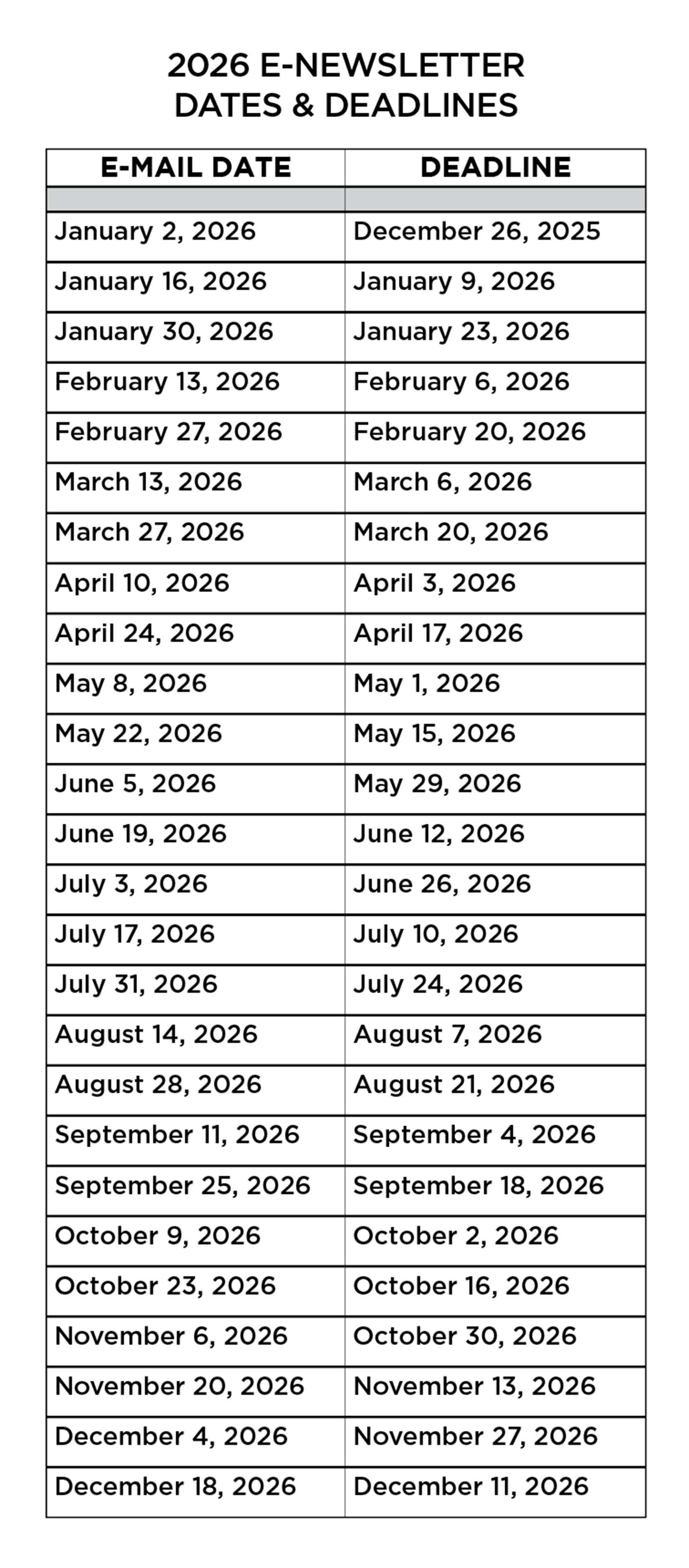 2026 E-Newsletter Dates and Deadlines