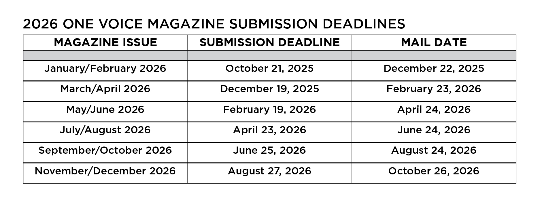 2026 One Voice Magazine Submission Deadlines