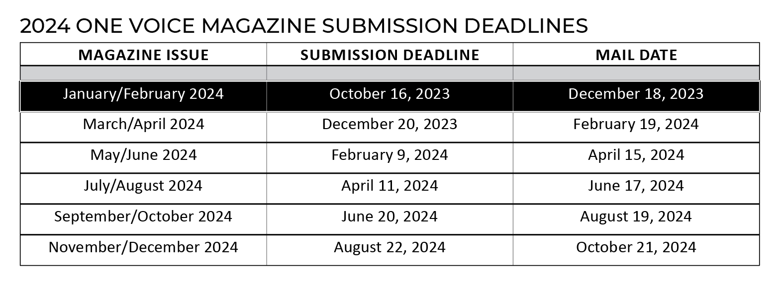 2024 One Voice Magazine Submission Deadlines